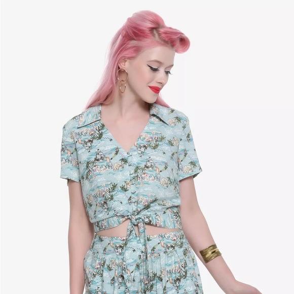 Her Universe Pan Mermaid Lagoon Retro Tie Front Crop Woven Button-Up - Picture 2 of 3